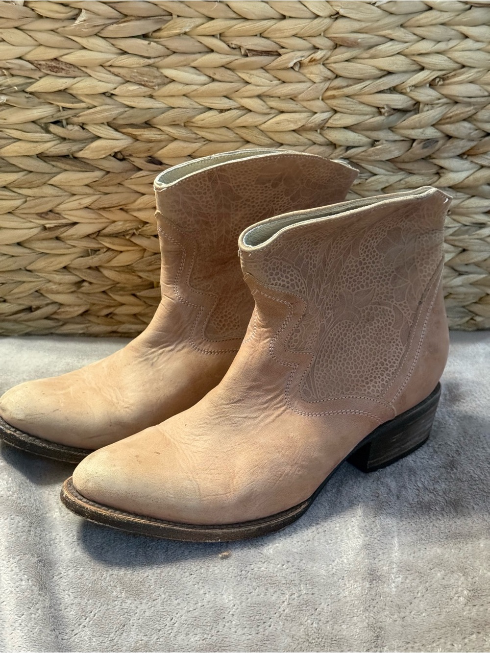 Freebird by Steven Beige/Tan Embossed Leather Ankle Booties